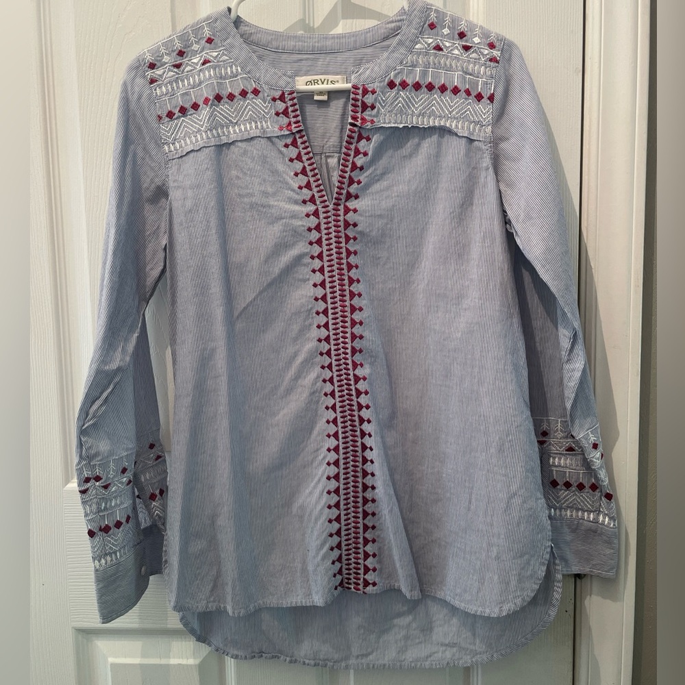Orvis Women’s Top Shirt Blue Pinstripes Embroidered Tunic